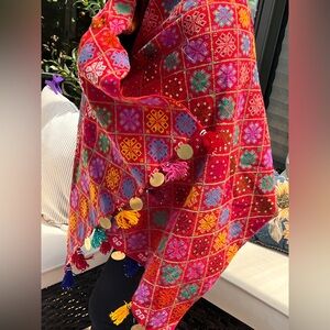Colorful Geometric Patterned Shawl with Tassels
